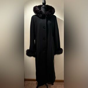 *BNWOT* Marvin Richards Long Black Wool Cashmere Fox Fur Trim Hooded Winter Coat